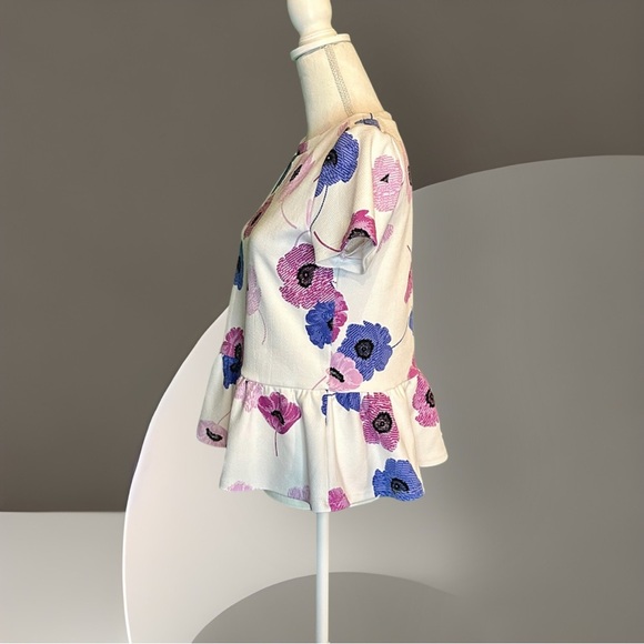 Elle White Purple / Blue Floral Jacquard Short Sleeve Peplum Blouse Size Small - Picture 8 of 8